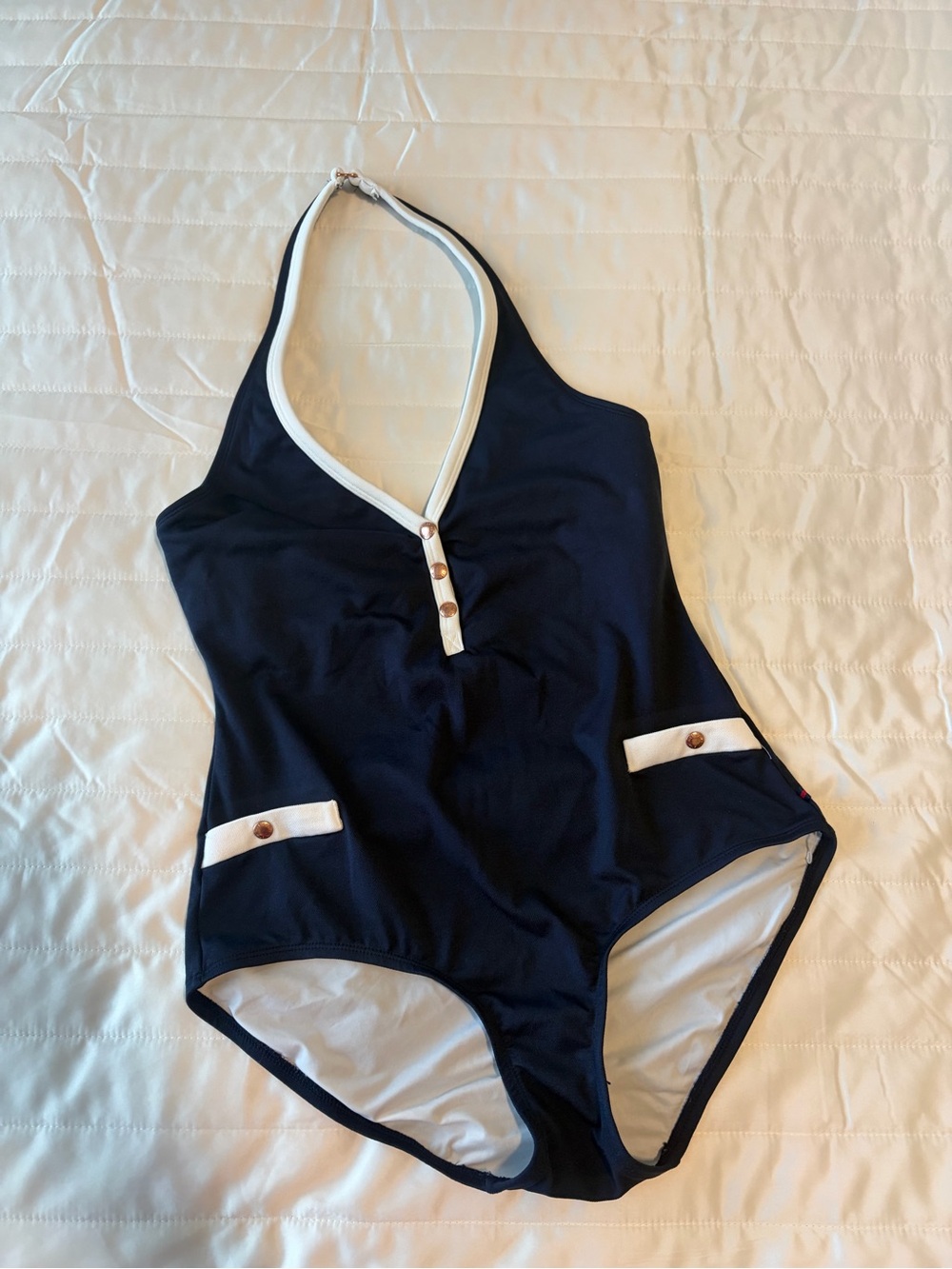 Tommy Hilfiger Navy One-Piece Swimsuit with White Trim and Button Accents